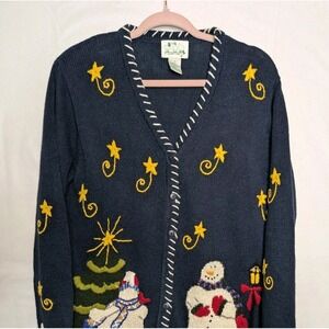 Vtg 90s‎ The Quacker Factory Cardigan Snowman Winter Bell Ramie Sweater Small